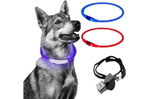 PAGAMADU Obroża świecąca z akumulatorem dla psa, obroża dla psa wodoodporna lampa LED z 3 trybami światła, regulowana długość. Gwizdek prezent dla szybkiej lokalizacji (czerwony)