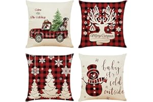 NIULAA Dekoracyjna poszewka na poduszkę na Boże Narodzenie, 40 x 40 cm, 4-częściowy zestaw poszewek na poduszki, jeleń, do salonu, dekoracja bożonarodzeniowa, lniana poszewka na poduszkę