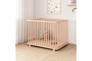 Mokee Ezee Playpen with Adjustable Base and Lockable Wheels - Foldable Wooden Play Pen for 6-24 Months - Solid Natural Beechwood 100 x 75cm (Natural Beech with Base and Wheels)