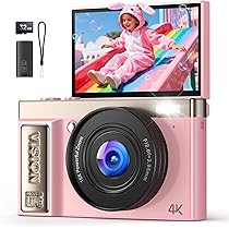 4K Digitale Camera voor Fotografie, Autofocus Anti-shake 48MP Vlogcamera met 180° 3-inch Klapscherm, Groothoeklens en 2 Batterijen, 16x Digitale Zoom Reiscamera (PINK