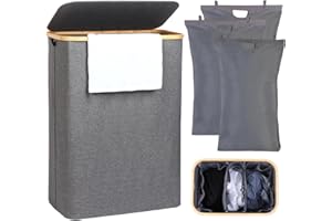 UNICTOP Wäschekorb 3 Fächer mit Deckel Grau, 160L herausnehmbaren Wäschesammler schmal mit Deckel 3 fächer, Wäschebox, Waschekorbsammler Wäschesortierer-pfandflaschen sammelbehälter