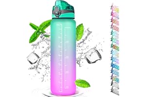 Auckpure Gourde Sport 1 Litre, Bouteille d'eau Avec Paille, avec ​Traqueur de Marqueur, Ouvrir en un Clic, Convient Pour la Gym, le Yoga, le Camping, le Cyclisme et la Vie de Famille (Violet Vert)