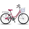 Vaux Pearl Lady 24T Women Bicycle for an Age Group of 10+ Years with Heavyduty Carrier and Basket, Light Weight Ladies Cycle with Alloy Rims,Powerful V-Brakes and Ralson Tyres(White-Pink)
