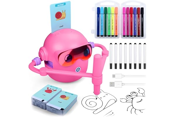 Robot de Dessin pour Enfants par MMOBIEL – Pictobot Jouet Éducatif Interactif avec 100 Cartes de Dessin, Guide Vocal, 12 Feutres Colorés & Batterie USB-C – Cadeau pour Filles, Garçons 3 à 9 Ans – Rose