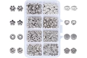 ‎PANDAHALL PH PandaHall 400pcs 8 Stile Tibetische Antik Silber Abstandshalter Perlen Blume Perlen Herz Perlen Tibetische Legierung Metall Perlen Abstandshalter für Armband Halskette Schmuck Herstellung, 5.5~7mm