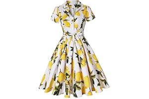 WEITING Weißes gelbes Zitronen-Blumenkleid, kurzärmeliges Baumwoll-Tunika-Weste, Elegantes Retro-Swing-Retro-Kleid für Damen