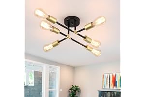 ‎ASHUAQI ASHUAQI Deckenleuchte Schwarz Spray Gold, 6 Lichter Wohnzimmerlampe Semi Flush Mount Mid Century Modern E27 Fassung Sputnik Kronleuchter Vintage Deckenleuchte für Wohnzimmer, Schlafzimmer, Küche, Flur