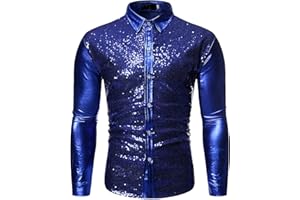 DUOHROPKE Men's Sequin Shirt Shiny Metallic Shirt Long Sleeve Shirt Slim Fit Party Disco 70s Latin Dance Jazz Clothing Top