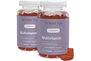 ‎TUMMY TOX Multivitamin Gummies - Gummibärchen mit Biotin, Folsäure, Vitamin C, Vitamin E und 6 weitere Mikronährstoffe enthalten - 120 Gummies mit natürlichem Erdbeergeschmack - TummyTox