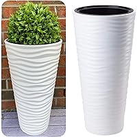 MELTOM XL Pflanzkübel Slim Rund 3D Effekt - Wellen - Farbe: Weiß mit Herausnehmbaren Einsatz, DxH: 30 x 57 cm