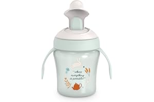 Suavinex, Vaso Aprendizaje Bebé con Boquilla Rígida Antidesgarro, Biberón con Asas, Tapa Protectora Abatible, Vaso Antiderrame, 200 ml, Bébés +6 Meses, Apto Lavavajillas, Verde Wonderland