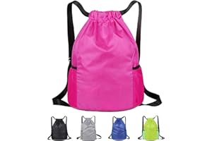TOCED Drawstring Bag, Unisex Large Sports Backpack String Drawstring PE Bags, Sport Gym Sack have Two Side Pockets, Waterproof Travel Beach Swim School Bag