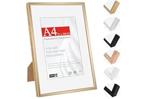 HIMEETIME® 1x Cadre Photo A4 21x29.7cm en Aluminium Doré Champagne à Finition Brossée-Avec Passe-Partout A5 15x21cm-Cadre Photo 21x30 Moyen avec Plastification-Montage Mural ou à Poser