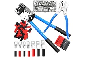 SBGGRL Battery Cable Lug Crimping Tool with Cutter, 80pcs Tinned Copper Ring Automotive Terminals & 100pcs Heat Shrink Tubing,10, 8, 6, 4, 2, 1/0 awg Wire Gauge Heavy Duty Electrical Ratchet Crimper