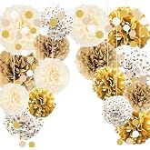 TREABEAR 18 Pieces Birthday Decoration, Off-White and Light Brown, Paper Pompoms Party Decoration, Party Decoration, White an