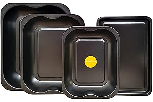 KITCHENEUR 4-Pack Black Roasting and Baking Tray Set - Large Roaster (38cm), Medium Roaster (33cm), Small Roaster (28cm) & Small Tray (32cm) - Baking Tray Set Tray/Pan, Non-Stick, Multi-Pack - Dishwasher Safe