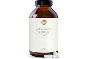 ‎SUNDAY NATURAL SUNDAY NATURAL® Magnesiumcitrat Kapseln hochdosiert - 365 Kapseln – Pro Tagesdosis 360 mg reines Magnesium ohne Zusatzstoffe - Premium Magnesium Citrate – Laborgeprüft, vegan, ohne unnötige Zusätze