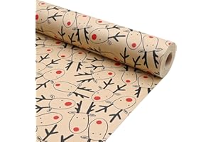 TOPEEDY 43cm *15m Christmas Wrapping Paper Roll,Recyclable Brown Gift Wrapping Paper With Elk for Xmas Party Gifts, Birthday,Graduation,ECO-friendly Present Decorations-Elk head