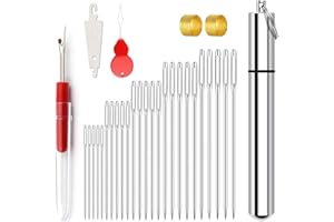 Redamancy Agujas de Coser a Mano, 25 Piezas Agujas de Ojo Grande, 5 Tamaños Aguja de Acero Afilada, con 1 Abridor de Costuras, 2 Enhebrador de Aguja, 2 Dedales, con 1 Cajas de Agujas de Aluminio