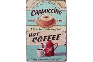 SLEECOM Hioni Classic Cappuccino Hot Coffee Vintage Cartel de hojalata Café Póster Pared Decoración Metal Placa Puerta