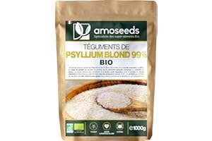 AMOSEEDS Psyllium Blond Bio 1KG | Téguments Purs 99% | 88% de Fibres, Transit, Sans gluten | Qualité Supérieure…
