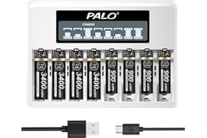 PALOGREEN Chargeur de Piles avec Batteries - 4*AA 3400mWh et 4*AAA Piles 900mWh 1.5V avec Chargeur Rapide Individuel LCD à 8 Compartiments pour Batteries Rechargeables AA AAA Lithium