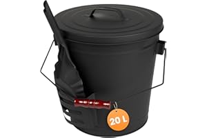 BLACK OAK Ascheeimer Stromboli 20L – schwarz mit Deckel & Schaufel - Bügel schwarz - groß 20 Liter Stahl feuerfest verzinkt & pulverbeschichtet Asche & Kohle Eimer Zubehör Kamin Kachelofen Holzofen