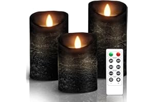 AiiBowy Bougies LED [3 PCS] Sans flamme, En Véritable Cire, Télécommande, Bougies d'extérieur, Flamme vacillante, Minuterie de contrôle, Décoration D'ambiance Intérieure & Noël, Mariage, Fête (Noir)