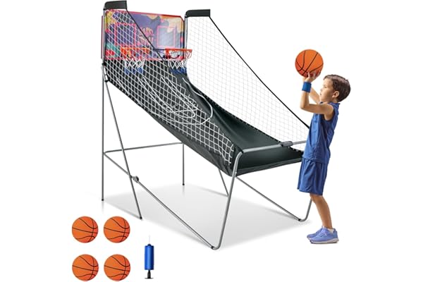 COSTWAY Jeu de Basketball Arcade Pliable à 2 Panier 4 Balles Pompe de Gonflage, Panier de Basketball pour 1 à 4 Joueurs avec Système de Pointage, 8 Modes de Jeux pour Enfants Adultes
