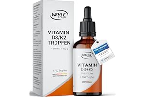 ‎WEHLE SPORTS Vitamin D3 K2 Tropfen Hochdosiert [1000 IE] - Vit D3 K2 Hochdosiert - Vitamin D3 K2 1000 IE - 50ml 1700 Tropfen - LABORGEPRÜFT Wehle Sports® - Verpackung kann variieren