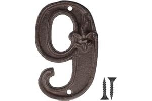 Vandicka Numero Civico in Ghisa 9, Numero Porta Esterno, Numero Indirizzo - Finitura Marrone Ruggine in Stile Country con Goffratura Fleur de Lis, Viti Abbinate Incluse, Altezza 117 mm