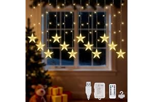 Lypumso Cortina de Luces Estrellas, 3M LED Luces de Navidad 8 Modos con Timer, Gancho, 120LEDs Guirnalda Navidad Batería/USB IP44, para Decoracion Navideña Interior Exterior, Ventana, Balcón, Fiesta