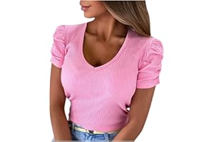 FUNALOE Flowy Tops for Women UK,UK Stock Women's Casual Sexy Stretch Threaded Tops Trendy Summer Ribbed Puff Sleeve V-Neck Short Sleeve T-Shirt UK Size 20 Jubilee T Shirts 20222898