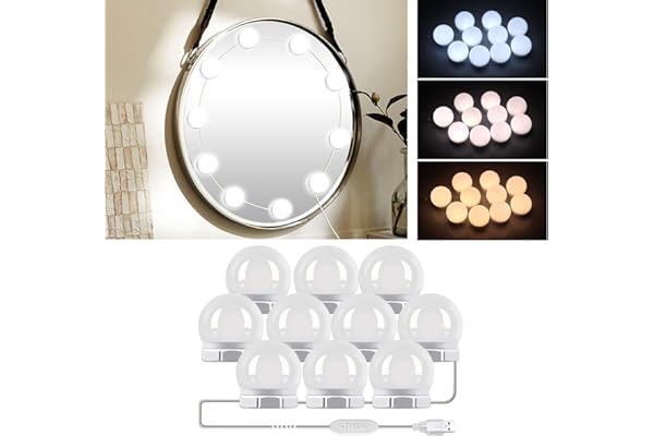 3 Couleurs Lumières de Miroir, 10 Ampoules Hollywood Dimmable LED Light Kit, 10 Niveaux de Luminosité pour Salle de Bains (Miroir Non Inclus)