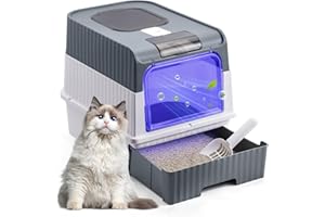 THE FELLIE Fellie Cat Litter Box with UV Sterilization, Large Anti-Splash Litter Tray, Odor Control Easy Clean Foldable, Grey