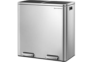 SONGMICS Kosz na śmieci z podwójną komorą 2 x 30 l, z 15 workami na śmieci, metalowe pedały, 2 plastikowe wiadra wewnętrzne, pokrywki, uchwyty, miękki zamknięcie, srebrny i czarny LTB60NL