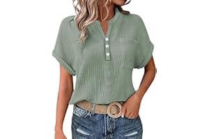 KILOXYEFRO Musselin Bluse Damen,Leinenbluse Damen,Sommer Button-Down Leinenhemd Oberteile Oversized V Ausschnitt Leinenbluse Bluse Große Größen Leinen Kleidung Musselin Hemd Solide Top