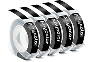 Anycolor Embossing Label Tape Black 9mm Compatible Omega Label Tape, 3D Vinyl Self-Adhesive Embossing Refill for S0717930 Omega Junior E975 Omega S Embossing Label Makers, 5-Pack