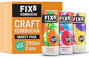 Fix8 Kombucha Drink | Live Cultures | Rich in Beneficial Probiotics | Boosts Immune System | Low Calories | Vitamin B&C | Vegan & Gluten Free | Recyclable & Sustainable | 12x250ml (Variety Pack)
