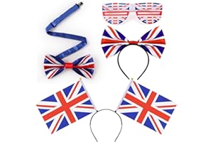 BITOWO Union Jack Glasses Headband Bow Tie Set Union Jack Accessories for Women Men Kids Union Jack Shutter Sunglasses Head Boppers Hairband UK England Great Britain British Flag Headband Glasses Accessories