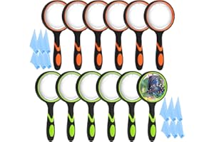 QLFJ-FURDEC 12 Stück 75mm Lupe Kinder 10X, Große Handlupe Leselupe für Senioren in Lesen, 2 Farben Vergrößerungsglas Lupenglas für Kinder Forscher Rutschfestem Weichgummigriff mit Brillenputztücher (12PCS)