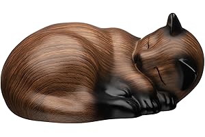 Kriss Art Haustierurnen, schlafende Katzenurne aus Kunstharz, Katzenurne für Asche, kleine Tierurne, kleine Haustierurnen (Schwarze Walnuss)