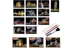 MSLSOZ 12 Stück Kratzkunst-Papier, Regenbogen-Malerei, Skizze, Stadt-Serie, Nacht, Kunst, Handwerk, Kratzbrett für Erwachsene und Kinder, mit 5 Werkzeugen.