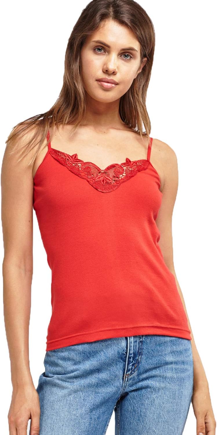 Maria Angel Ladies Plain Camisole Cotton Vest Top Lace Trim Neck Design Cami Tank Strappy (1000)