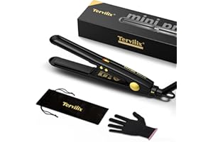 Terviiix Mini Hair Straightener for Short Hair, Tourmaline Ceramic Compact Small Straighteners, Travel Mini Straighteners with Pouch, Auto Shut Off, Dual Voltage with Adjustable Temp, Black