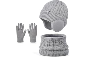 ENWOKRAN Niños Conjunto Gorro de Punto Bufanda Guantes Set 3 en 1, Invierno Cálidos Beanie con Orejeras Caliente Bufanda Pantalla Táctil Guantes para Niños Niñas 4-10 Años