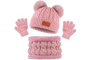 Bekecidi Kids Winter Warm Hat Scarf Gloves Set, Winter Warm Knitted Beanie Hat Scarf Gloves Set Toddler Thermals Pom Pom Bobble Hats Fluffy Neck Warmer for Girls Boys Children Age 1-5