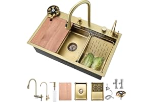 Bokaiya Évier de Cuisine, Cascade Multifonction, Evier de Cuisine à Comptoir Raindance Professionnel Lavabo Acier Inoxydable avec Lave Verre & Robinet Extractiblen Haute Pression Or 75x45cm (Or)