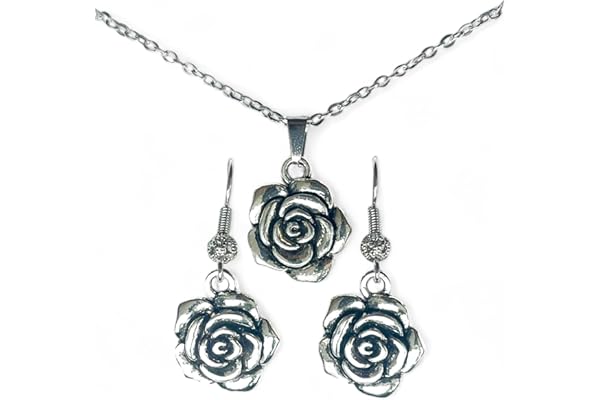 ASTER ALHELÍ - Conjunto Collar y Pendientes Mujer Flor Plata - Cadena de Acero Inoxidable y Pendientes Chapados en Platino - Conjunto Joyas Elegante