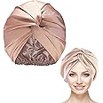 Silk Hair Wrap for Sleeping, Mulberry Silk Bonnet Double-Sided Sleep Cap Sleep Turban Hair Bonnet for Curly Hair Women Silk Sleep Cap with Elastic Bow Stay On Head